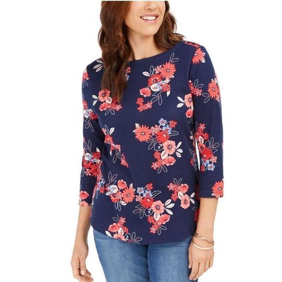 Charter Club Pima Cotton Floral-Print Top Intrepid Blue Combo S - Picture 1 of 3